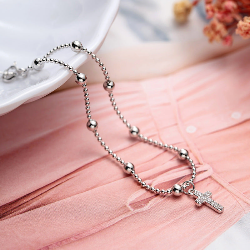 Cross Silver Bead Bracelet S925 All-over Sterling Silver Millet Beads Fine Versatile Silver Jewelry Women's Jewelry B6361