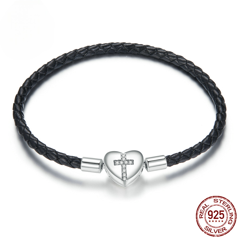 S925 cross in heart black braided rope bracelet bracelet