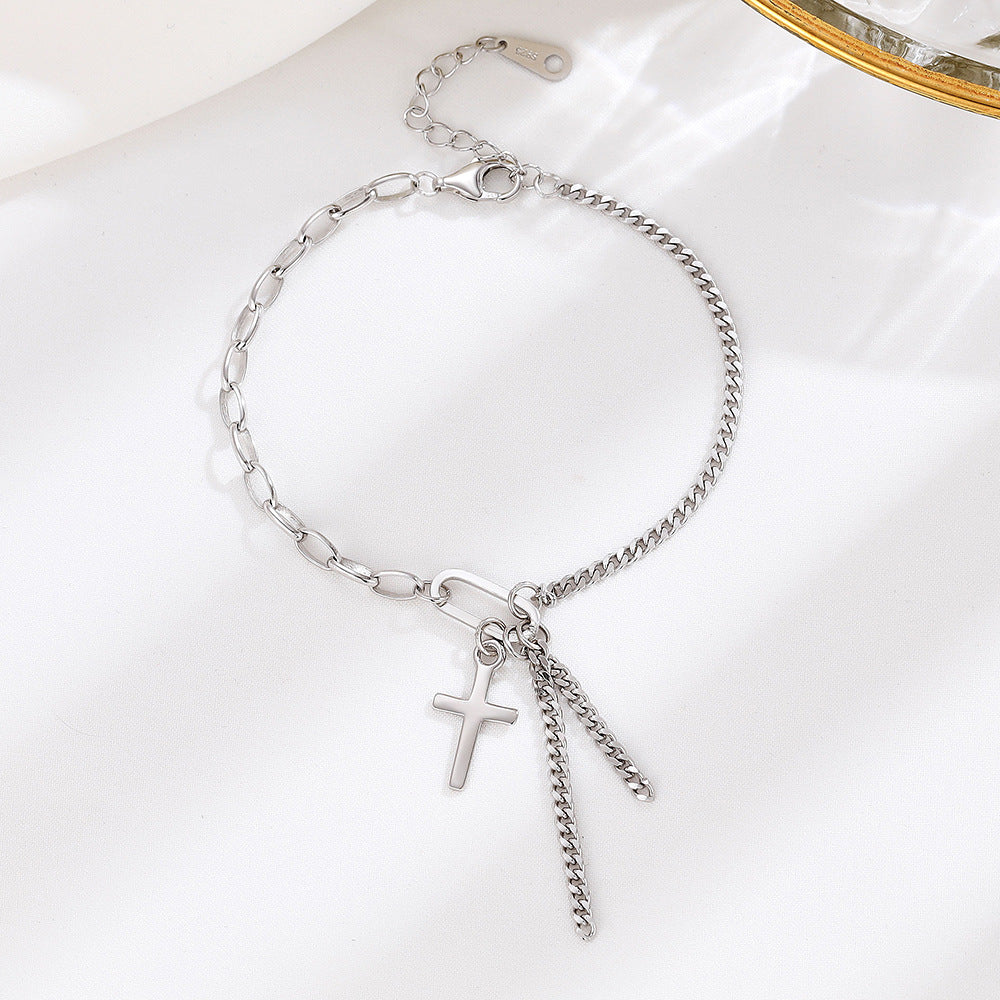 S925 sterling silver cross chain tassel bracelet