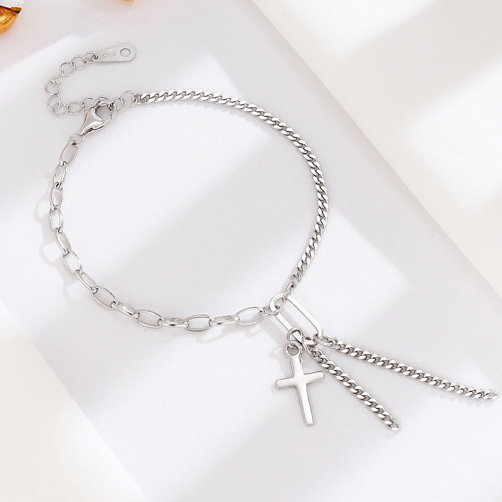 S925 sterling silver cross chain tassel bracelet