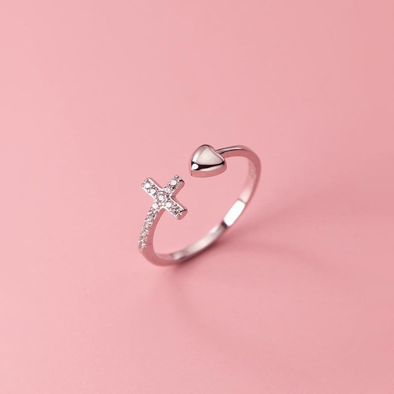 Cross heart ring with diamonds S925 sterling silver